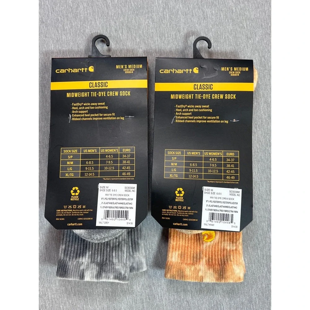 Carhartt Men 2-Pack Midweight Tie-Dye Crew Socks Grey Khaki Medium Mens 6-8.5